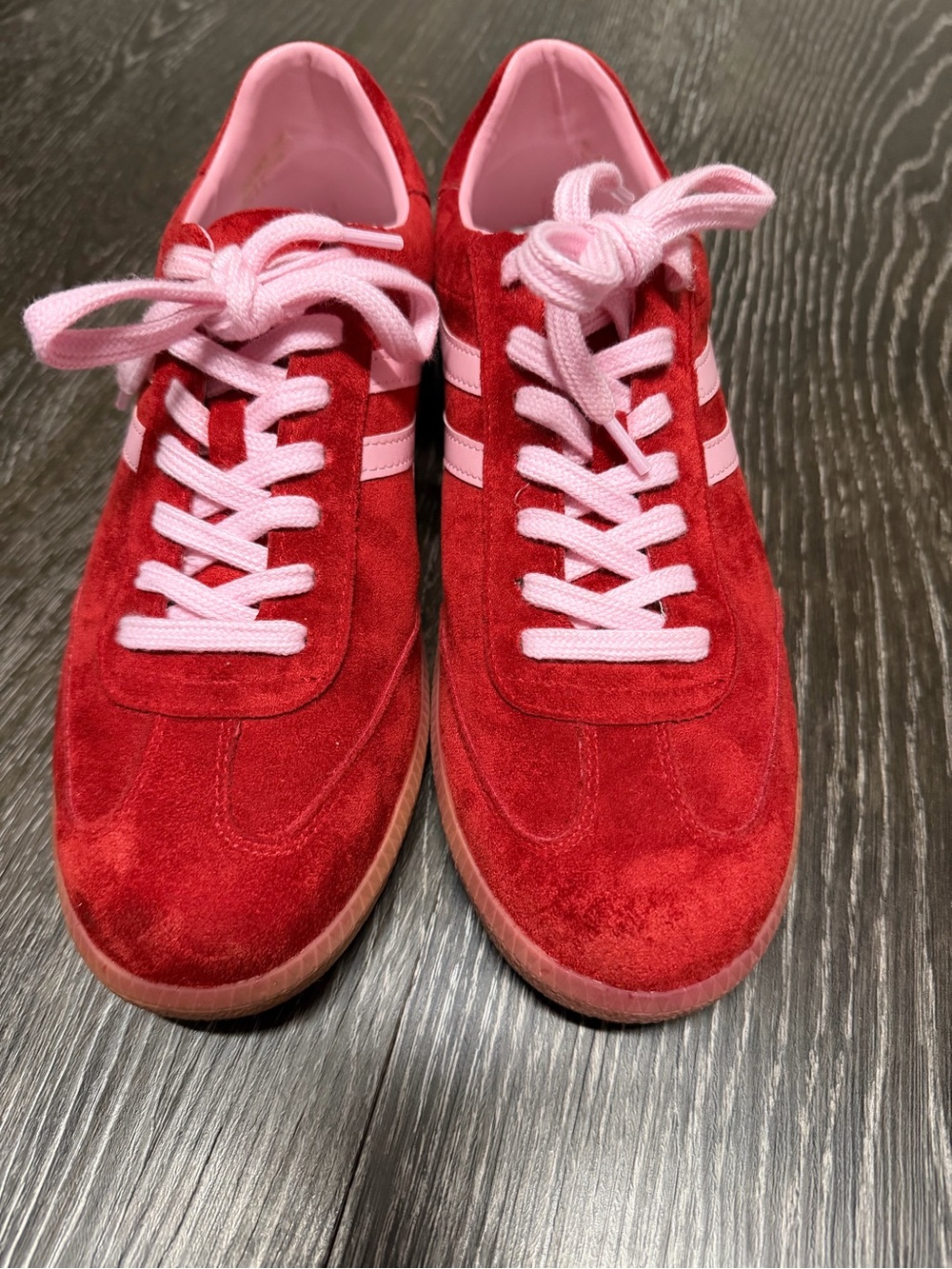 Red Suede Sneakers with Pink Accents